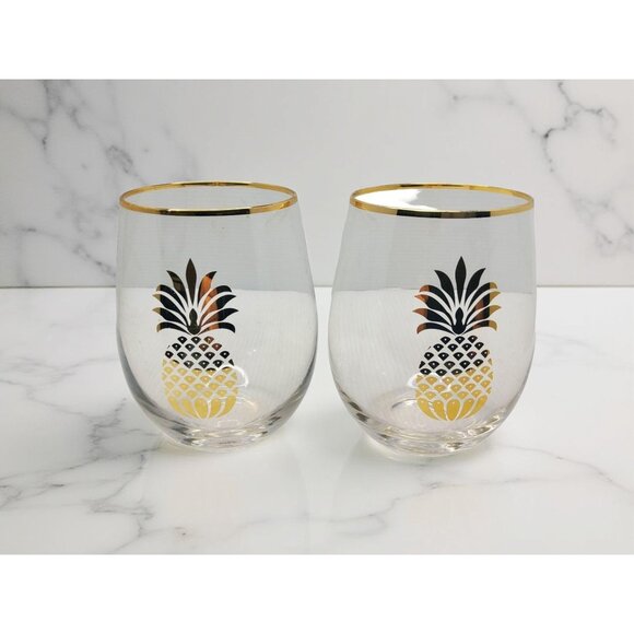 vintage gold trim golden pineapple stemless Highball glasses - Picture 4 of 9